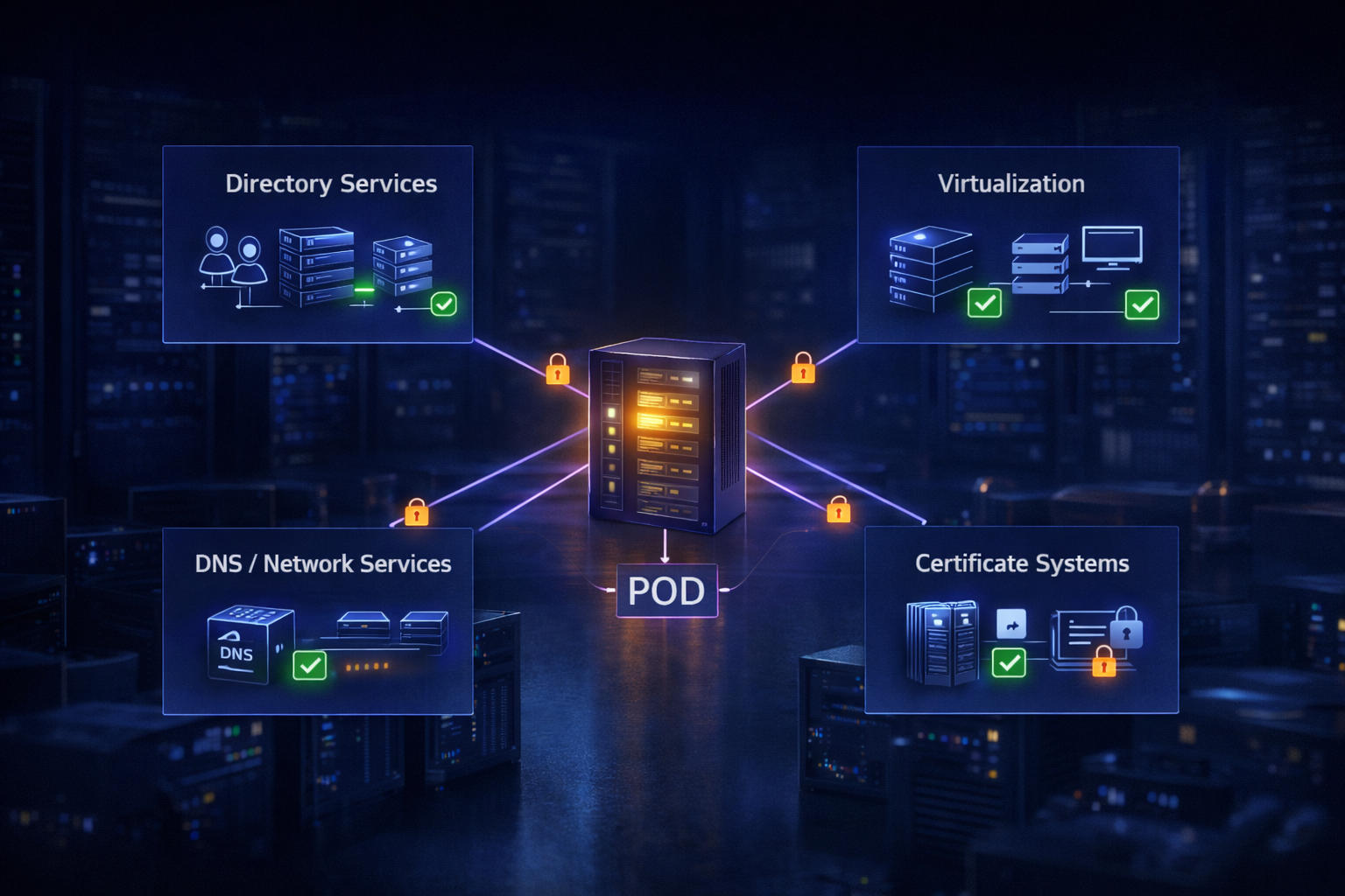 Bestehende Illustration: Ein POD ist mit Verzeichnisdiensten, Virtualisierung, DNS und Zertifikatssystemen verbunden.